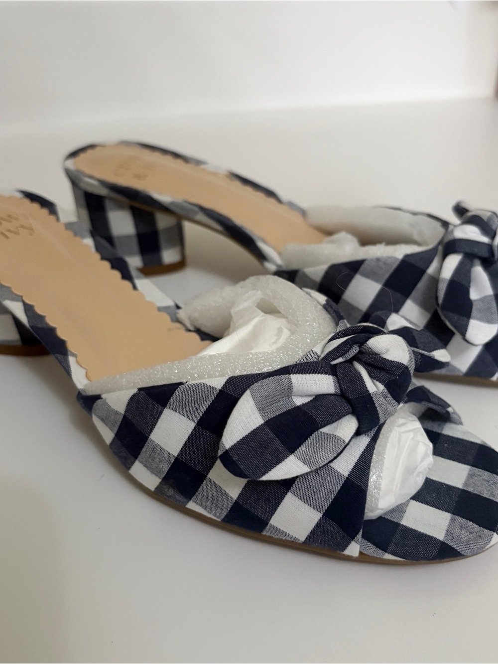 crown & ivy Navy and White Gingham Knot Mule Sandals